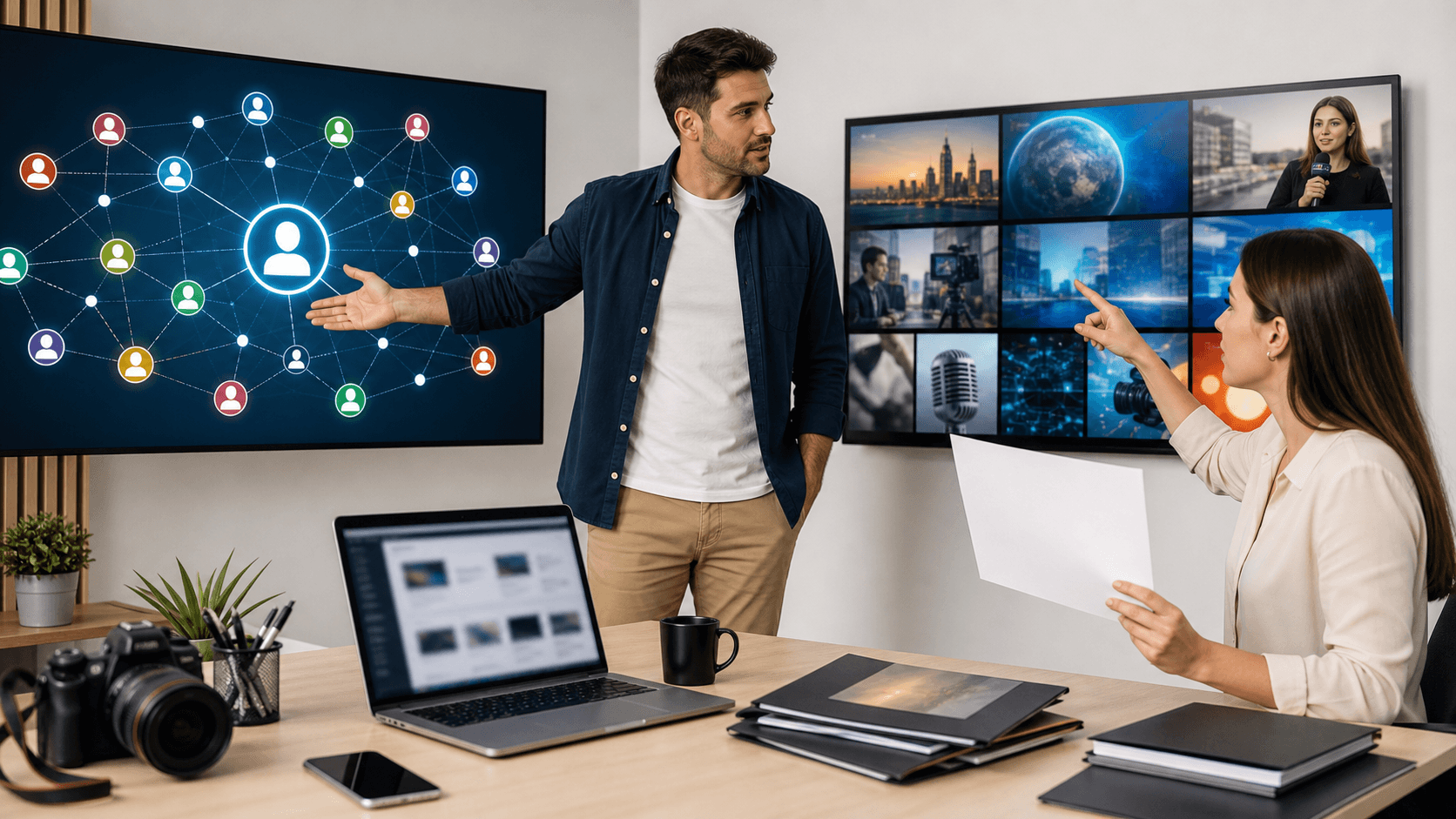 Split-screen graphic with megaphone and laptop icons, blue and orange tones, clean flat design on white background