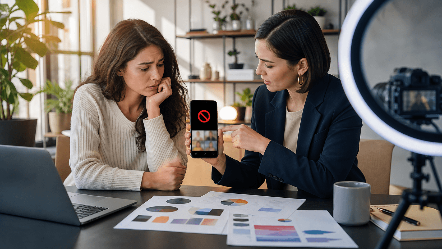 Smartphone showing a TikTok logo with a red ban symbol against a dark, dramatic background.