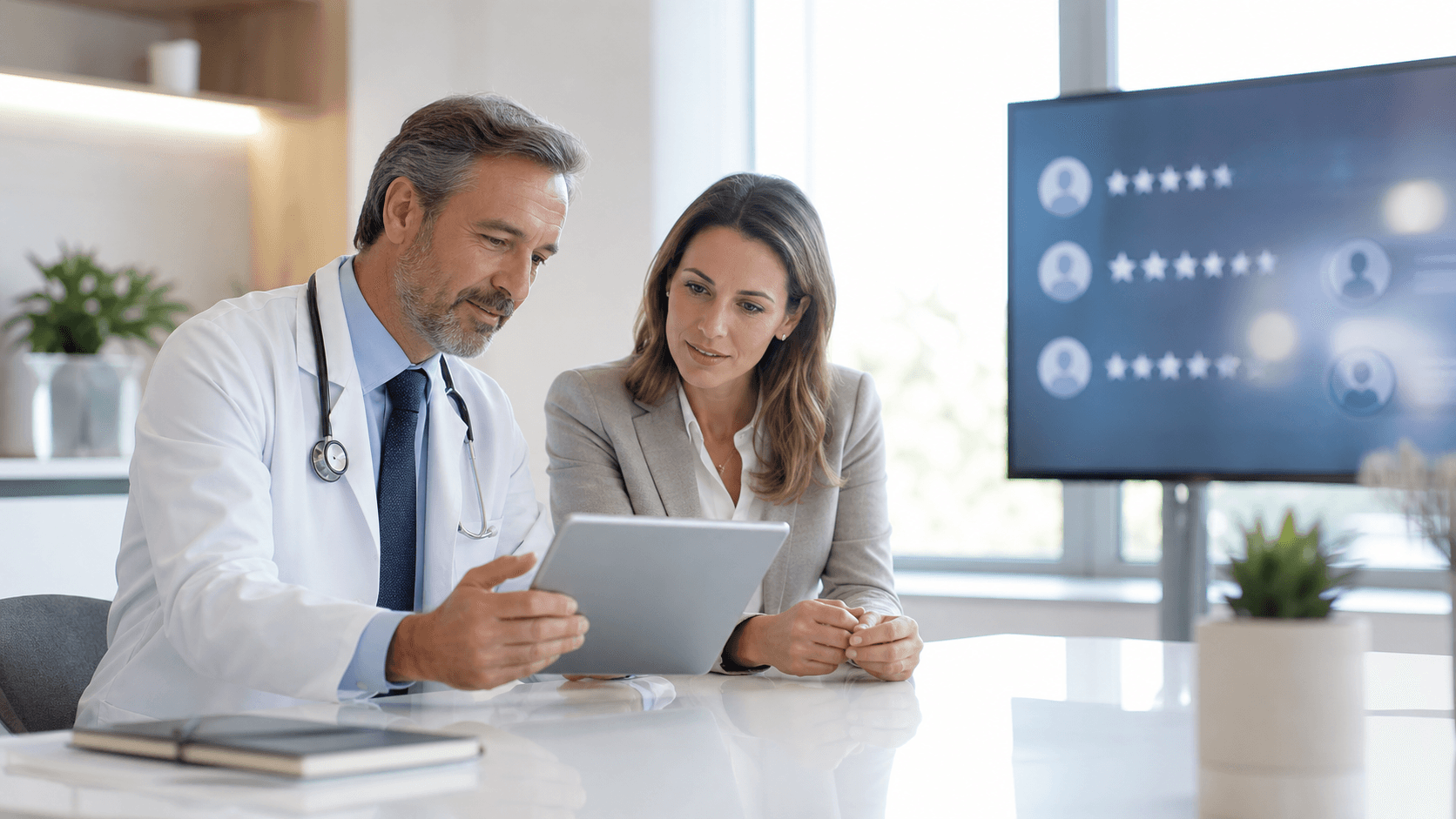Doctor in a white coat reviews online ratings on a laptop beside a stethoscope.