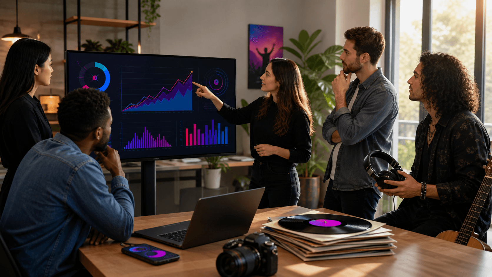 Split-screen of a musician at a laptop and a marketing dashboard with rising graph, neon purple-blue lighting